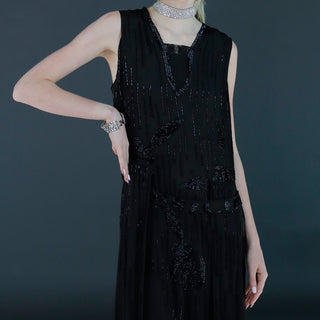 Silk Crepe 1920s Vintage Flapper Beaded Black Sleeveless Evening Dress