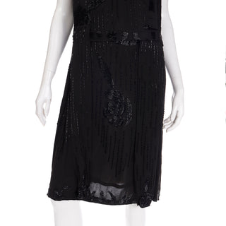 1920s Vintage Flapper Beaded Black Sleeveless Evening Dress Very Good