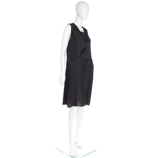 1920s Vintage Flapper Beaded Black Sleeveless Silk Evening Dress 
