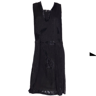 1920s Vintage Flapper Beaded Black Sleeveless Evening Dress S or M