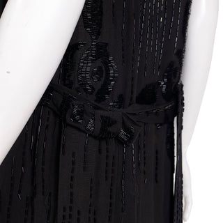 1920s Vintage Flapper Beaded Black Sleeveless Evening Dress w attached belt