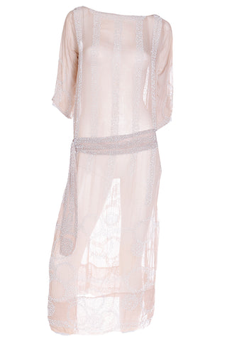 1920s Vintage Nude Sand Silk Beaded Flapper Dress w Beaded Belt1920s Vintage Nude Sand Silk Beaded Flapper Dress w Beaded Belt