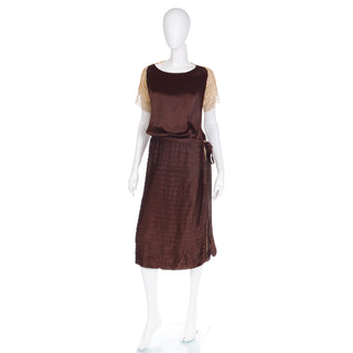 1920s Vintage Brown Pleated Silk Dress with Lace Sleeves & Belt