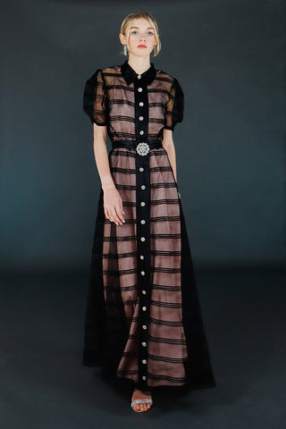 Vintage Black Silk Satin and Net Sheer Evening Long Dress W Rhinestone Buttons