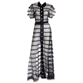 Vintage Black Silk Satin and Net Sheer Evening Dress W Rhinestone Buttons Size M/L.