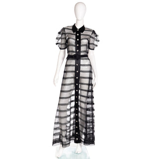 30s 40s Vintage Black Silk Satin and Net Sheer Evening Dress W Rhinestone Buttons