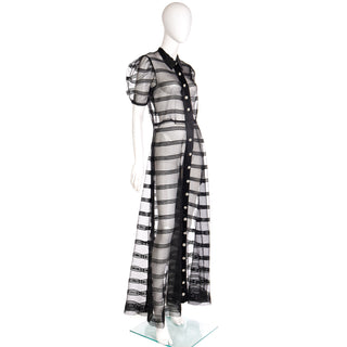 Full Length Vintage Black Silk Satin and Net Sheer Evening Dress W Rhinestone Buttons