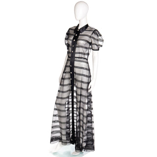 Vintage Black Silk Satin and Net Sheer Evening Dress W Rhinestone Buttons Full Length