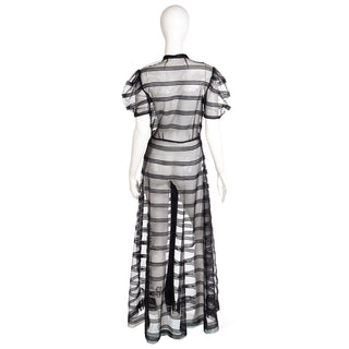 Long Vintage Black Silk Satin and Net Sheer Evening Dress W Rhinestone Buttons