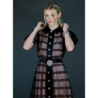 Vintage Black Silk Satin and Net Sheer Evening Dress W Rhinestone Buttons Size M