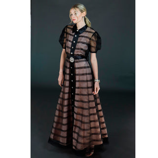 1930s-40s-Vintage Black Silk Satin and Net Sheer Evening Dress W Rhinestone Buttons