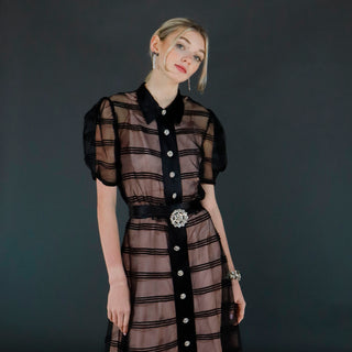 Vintage Black Silk Satin and Net Sheer Evening Dress W Rhinestone Buttons Sz M
