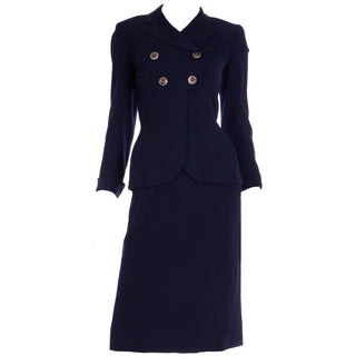 1940s Vintage Navy Blue Nipped Waist Jacket & Skirt Suit w Mother of Pearl Buttons