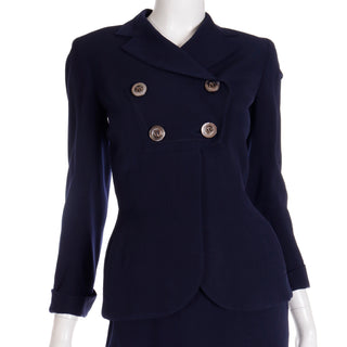 1940s Vintage Navy Blue Nipped Waist Jacket & Skirt Suit WWII Clothing