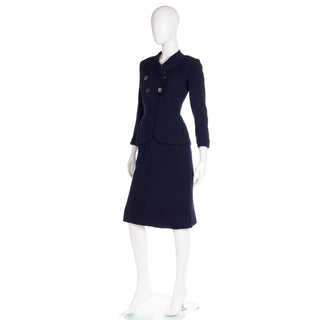 1940s Vintage Navy Blue Nipped Waist Jacket & Skirt 2 pc Suit