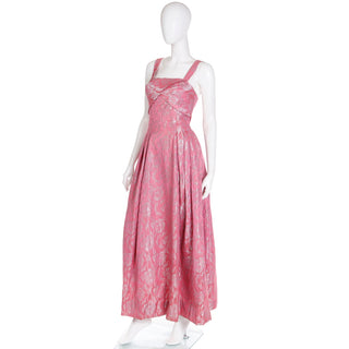 1950s Vintage Norman Young London UK Designer Pink Jacquard Evening Dress