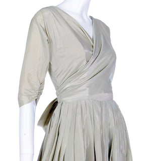 1950s Sage Green Iridescent Taffeta Vintage Dress w Attached Bolero Jacket w Sweetheart bodice