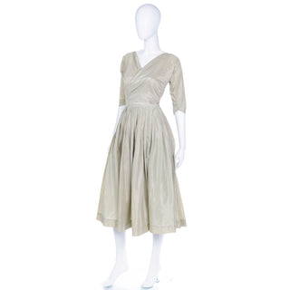 1950s Sage Green Iridescent Taffeta Vintage Dress with Full Skirt and Attached Bolero Jacket