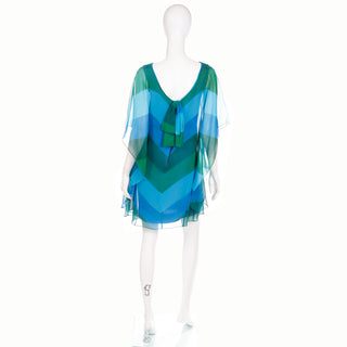 1960s Blue & Green Silk Chiffon Overlay Statement Bell Sleeve Dress