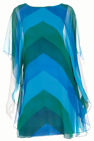 1960s Blue & Green Silk Chiffon Statement Sleeve Dress