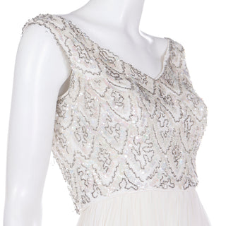 1960s Beaded White Silk Chiffon Evening or Wedding Dress Mardi Gras New York label