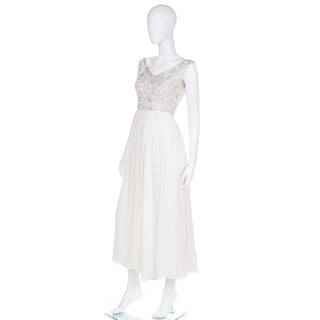 1960s Beaded White Silk Chiffon Evening or Wedding Dress size extra small