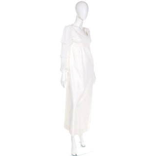 1970s Regency Empire Waist Dress in Ivory Crepe Tiered Sleeve White Wedding Gown
