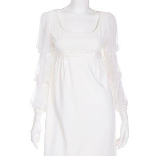 1970s Regency Empire Waist Ivory White Crepe Tiered Sleeve Wedding Gown