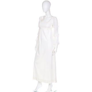 1970s Regency Empire Waist Ivory Crepe Tiered Sleeve Wedding Gown 