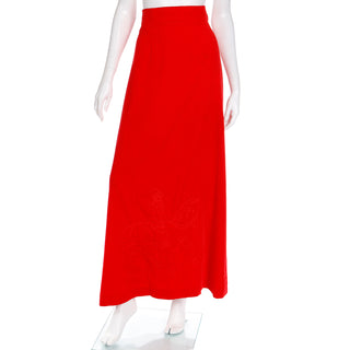 1970s Red Velvet 2pc Dress w Cropped Jacket & Quilted Equestrian Scene Maxi Skirt