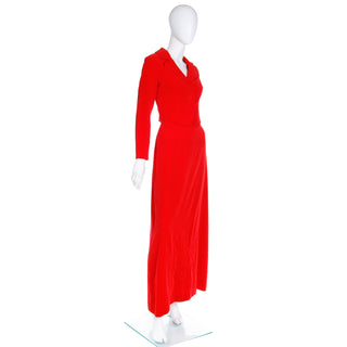 1970s Red Velvet 2pc Dress w Cropped Jacket & Quilted Suit Maxi Skirt
