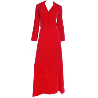 1970s Red Velvet 2pc Dress w Cropped Jacket & Quilted Maxi Skirt Vintage Outfit