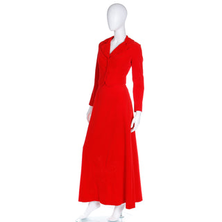 1970s Red Velvet 2pc Dress w Vintage Cropped Jacket & Quilted Maxi Skirt 