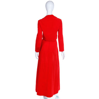 1970s Vintage Suit Red Velvet 2pc Dress w Cropped Jacket & Quilted Maxi Skirt