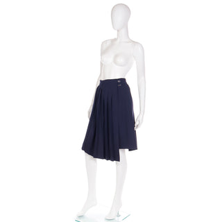 1980s Claude Montana Asymmetrical Pleated Navy Blue Wool Skirt