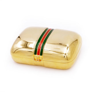1980s Gucci Gold Plated Hinged Box w Red & Green GG Signature Stripe