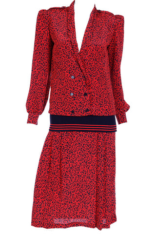 1980s Vintage Red & Black Print Silk Drop Waist Dress w Ribbed Knit Trim