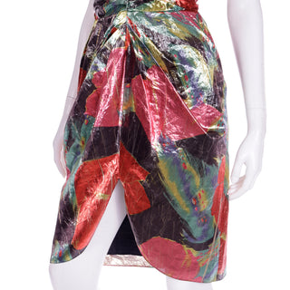 1980s Neil Bieff Tissue Metallic Bold Floral Off Shoulder Evening Dress w Tulip Hem