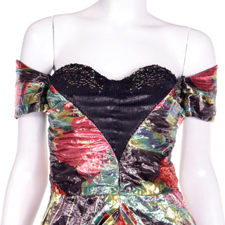 1980s Neil Bieff Tissue Metallic Bold Floral Off Shoulder Vintage Evening Dress w Sequins