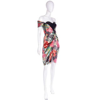 1980s Neil Bieff Tissue Metallic Bold Floral Off Shoulder Evening Dress with Corset