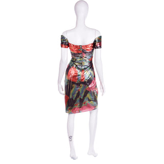 1980s Neil Bieff Tissue Metallic Bold Floral Off Shoulder Sequin Corset Evening Dress