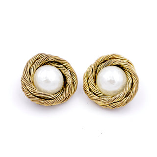Vintage 1980s Chanel Twisted Rope Gold Gilded Earrings w Pearl Cabochon with Box