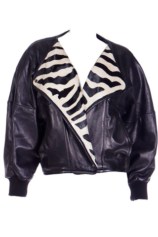 1985 Claude Montana Black Lamb Leather Jacket W Zebra Pony Fur Lining