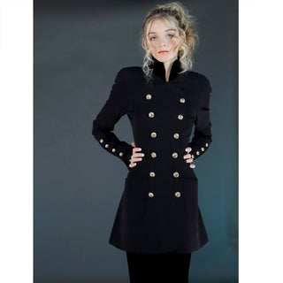 1980s Chanel Military Style Wool & Velvet Jacket Skirt Suit w Gold Logo CC Buttons
