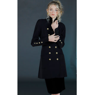 1980s Chanel Military Style Wool & Velvet Jacket Skirt Suit w Gold CC Buttons