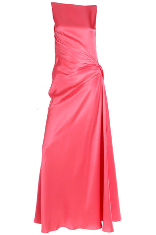 1990s Bill Blass Vintage Salmon Pink Silk Draped Evening Gown USA