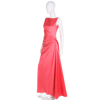 1990s Bill Blass Vintage Salmon Pink Silk Draped Evening Gown Full Length Dress