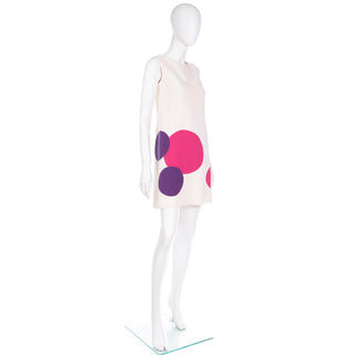 1970s Mila Schon Ivory Silk Shift Dress with Pink & Purple Dots