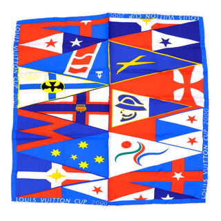 2000 Louis Vuitton Cup Silk Sailing Flag Scarf Red Blue Yellow Print with LV Box Tissue and Ribbon