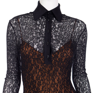 F/W 1990 Azzedine Alaia Black Lace Illusion Runway Mini Dress with black collar and buttons